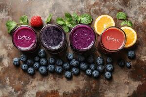 Bottles of colorful detox juices with fresh ingredients surrounding them photo
