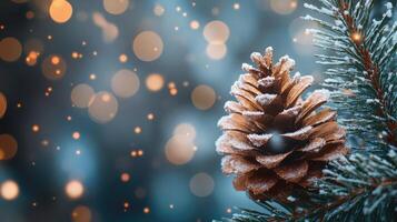 Pine cone covered with snow resting on a branch in winter with falling snow and bokeh lights photo