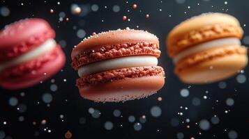 Colorful macarons floating on a dark background with sprinkles photo