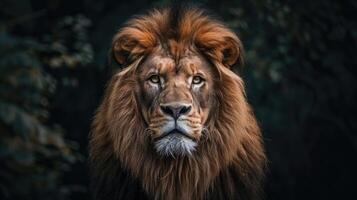 Close-up portrait of a fierce and powerful lion with an intense expression. photo
