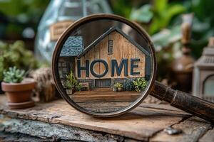 Magnifying glass showing a small home model on a wooden table photo
