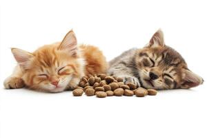 Two cute kittens sleeping next to a pile of dry food on white background photo