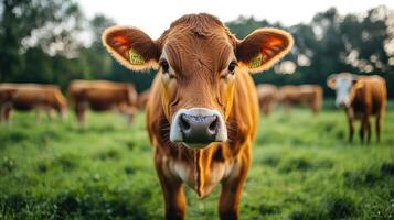Brown cow standing on grass in a field looking at camera photo