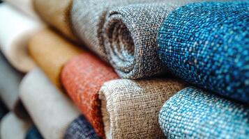 Stack of linen fabric in various colors showing texture photo
