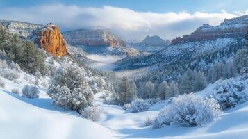 Snow covered pine trees and red rock cliffs rising above the clouds in winter. Arizona photo