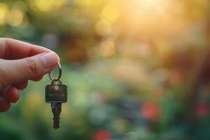 Real estate agent holding new house key with sun flare background photo