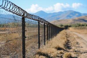 Barbed wire fence creating a secure border line under blue sky photo