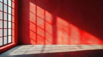 Sunlight casting geometric shadows on a red wall in an empty room photo