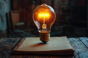 Glowing lightbulb floating over a notebook suggesting new ideas photo