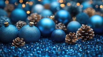 Christmas baubles and pine cones creating festive atmosphere on blue glitter photo