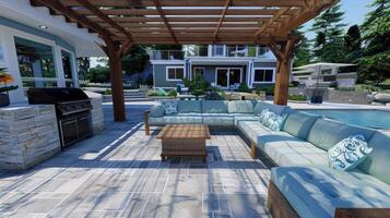Cozy patio with sofas and a table. Pergola shade over patio. photo
