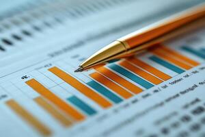 Golden pen pointing at growing bars on paper chart report, analyzing financial data photo