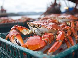 Fresh red crab displayed on ice in a basket photo