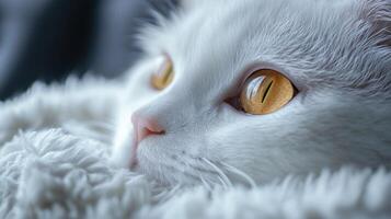 White cat looking through window with curious expression photo