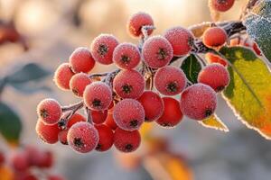 Branch of vibrant red berries covered in frost on a sunny winter day. Rowan berries in the frost photo