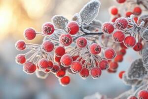 Branch of vibrant red berries covered in frost on a sunny winter day. Rowan berries in the frost photo