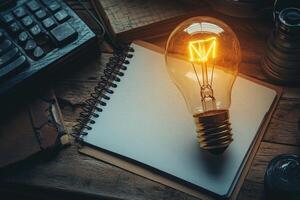 Glowing lightbulb floating over a notebook suggesting new ideas photo