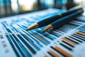 Two pens resting on paper with graphs showing business data photo