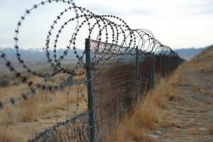 Barbed wire fence creating a secure border line under blue sky photo