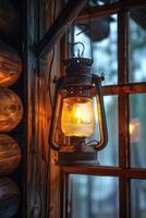 Old rusty kerosene lantern hanging and glowing by the window of a log cabin photo