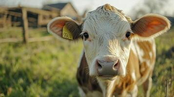 Cow standing on grass in a field looking at camera photo