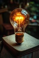 Glowing lightbulb floating over a notebook suggesting new ideas photo