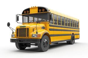 Front view of an American yellow school bus in 3D rendering on a white background. photo