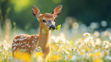 Young white-tailed deer fawn eating clover in a field of daisies photo