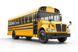 Front view of an American yellow school bus in 3D rendering on a white background. photo