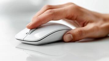Hand Clicking White Computer Mouse. Digital Interaction, Workplace Tool, Technology User. photo