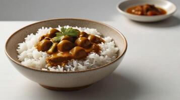 Rice with chicken curry in a bowl on a white table. photo