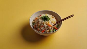 Fried rice with vegetables in a bowl on a yellow background. photo