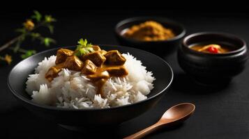 Rice with curry and chicken in a bowl on a black background photo