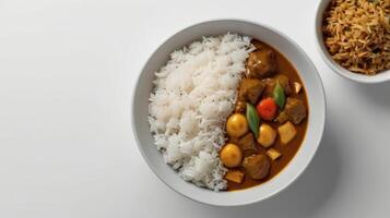 Top view of delicious curry with rice on white background, flat lay photo