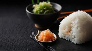 Japanese sushi with salmon on a black background. Sushi menu. photo