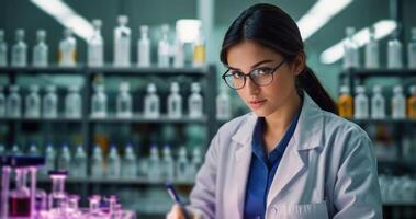 Serious scientist looking at camera in chemical laboratory. Young female scientist in white coat and eyeglasses working in modern laboratory. Science and technology concept photo