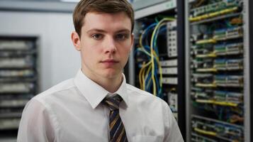 Data base administrator. Portrait of young man looking at camera in data center server room photo