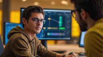 Two software developers working together on desktop computer in office photo