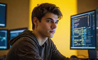 Software developer. A man sitting in front of computer screen at night photo