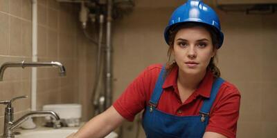 Female plumber in uniform and hardhat looking at camera in bathroom photo