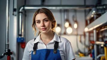 Worker Woman. Portrait of young female worker looking at camera while standing in factory photo