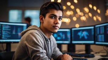 Business analyst. A man sitting in front of computer monitors in office. photo