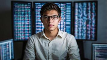 Computer programmer. Portrait of young Asian man looking at camera while standing in front of computer screens photo