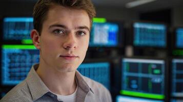 NOC engineer. A serious young man looking at camera in front of network operation center. photo