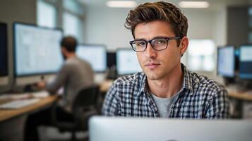 A young man with eyeglasses working on computer in office photo
