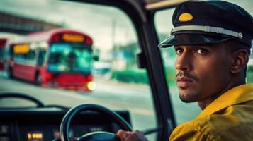 Portrait of young african american male driver in yellow jacket and cap driving a bus. photo