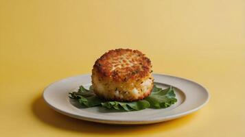 Potato cutlet on a plate with green salad on a yellow background photo