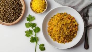 Pilaf in a plate on a white background, top view photo