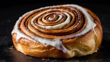 Cinnamon roll with white frosting on black background, close up photo