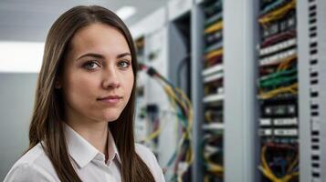 Database Administrator. Woman looking away while standing in datacenter server room. photo